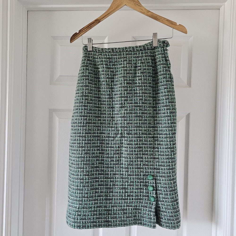 1960s Vintage Wool Turquoise Highwaist Skirt Accent Buttons #48